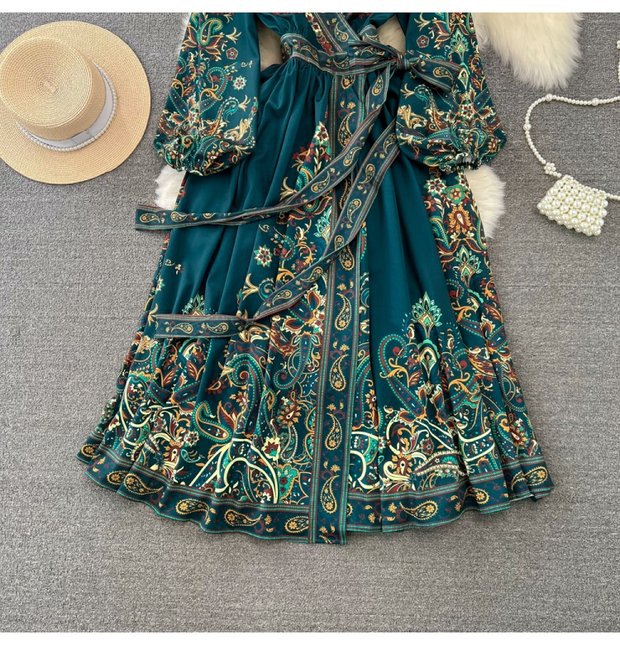 Vintage Court Style Puff Long Sleeve V-Neck Tie Waist A-Line Print Dress