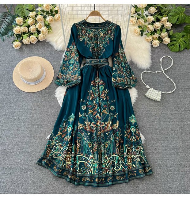 Vintage Court Style Puff Long Sleeve V-Neck Tie Waist A-Line Print Dress