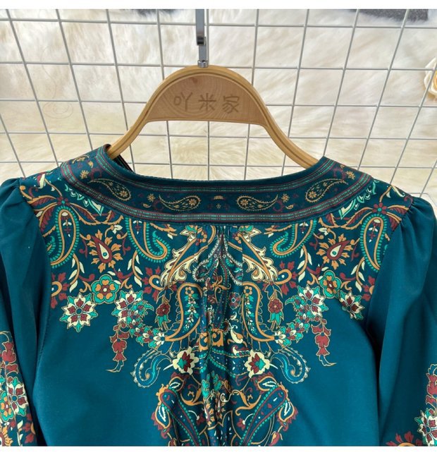 Vintage Court Style Puff Long Sleeve V-Neck Tie Waist A-Line Print Dress