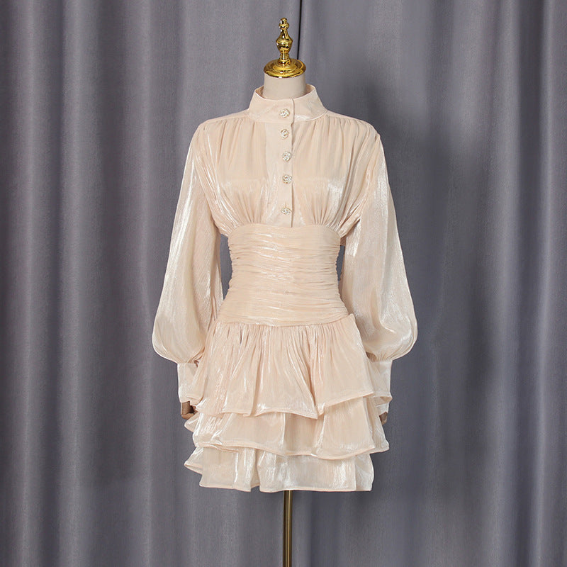 Neutrals High-Neck Ruffled Detail Mini Dress