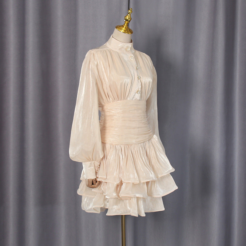 Neutrals High-Neck Ruffled Detail Mini Dress