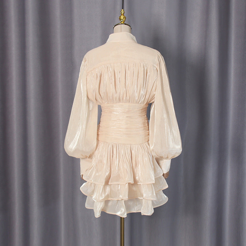 Neutrals High-Neck Ruffled Detail Mini Dress