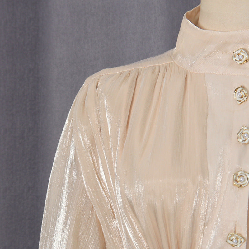 Neutrals High-Neck Ruffled Detail Mini Dress
