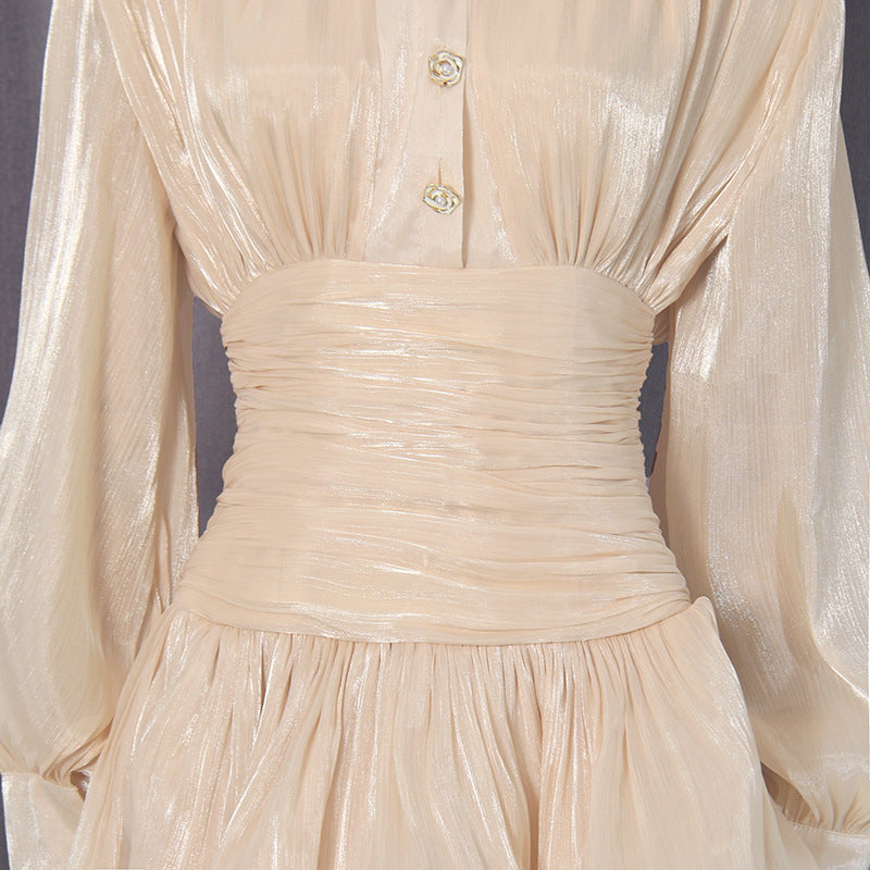 Neutrals High-Neck Ruffled Detail Mini Dress
