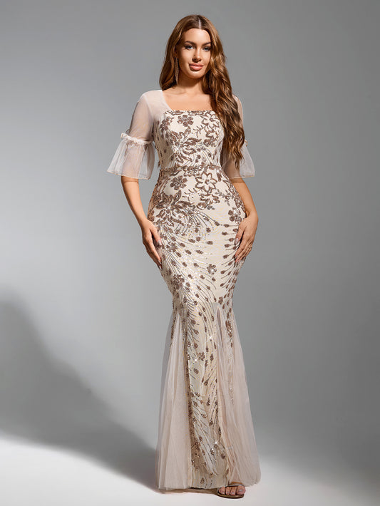 Champagne Sequin Floral Mermaid Gown