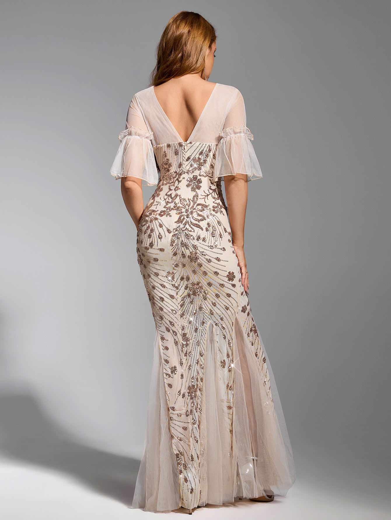 Champagne Sequin Floral Mermaid Gown