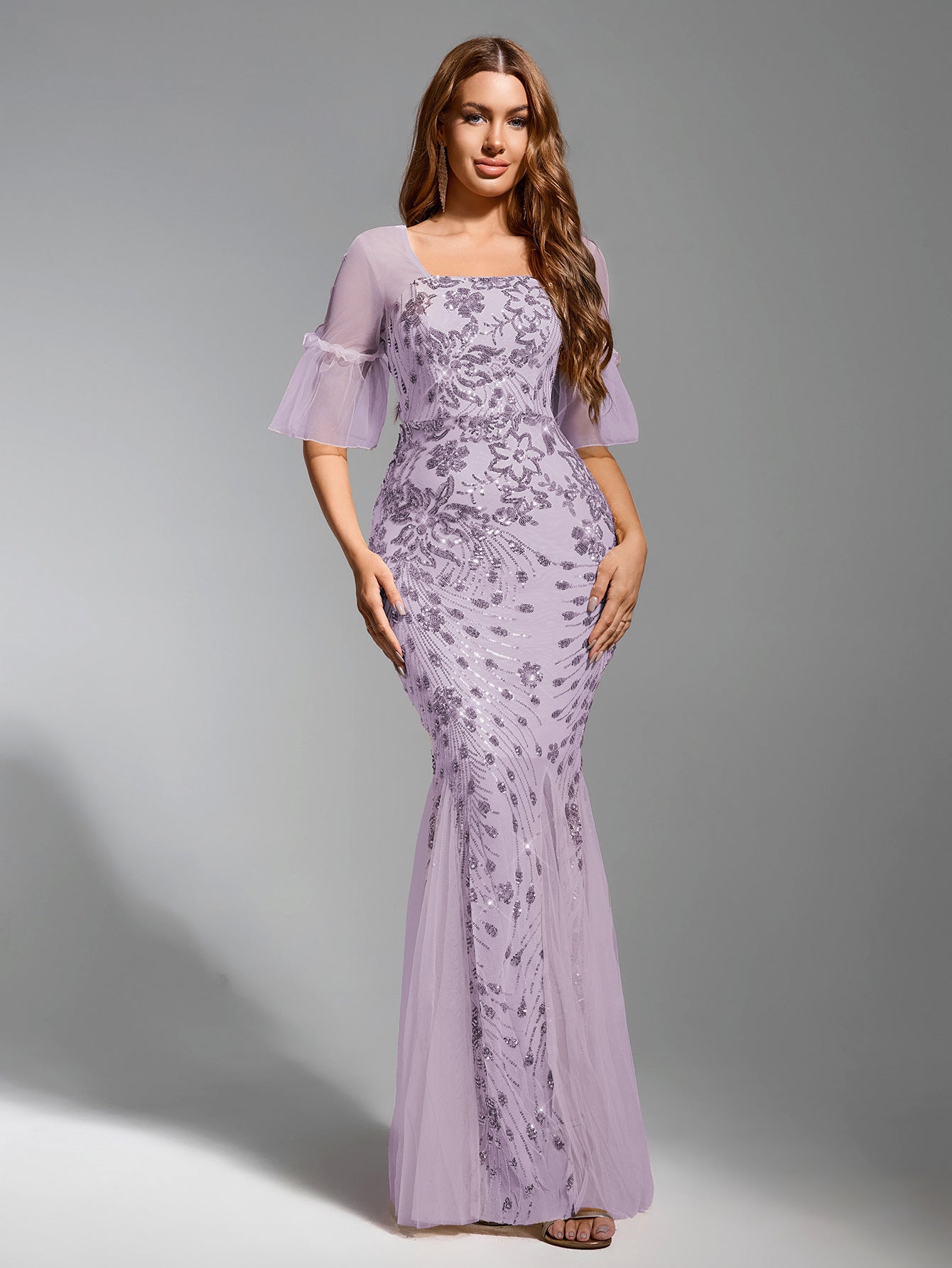 Champagne Sequin Floral Mermaid Gown