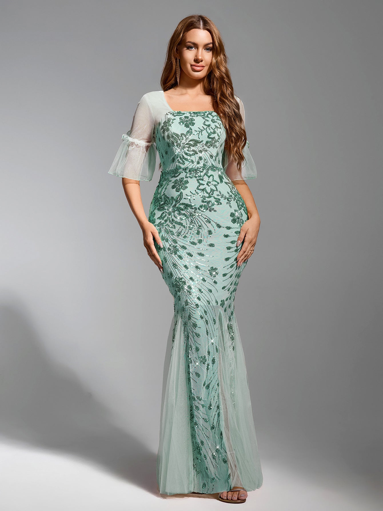 Champagne Sequin Floral Mermaid Gown