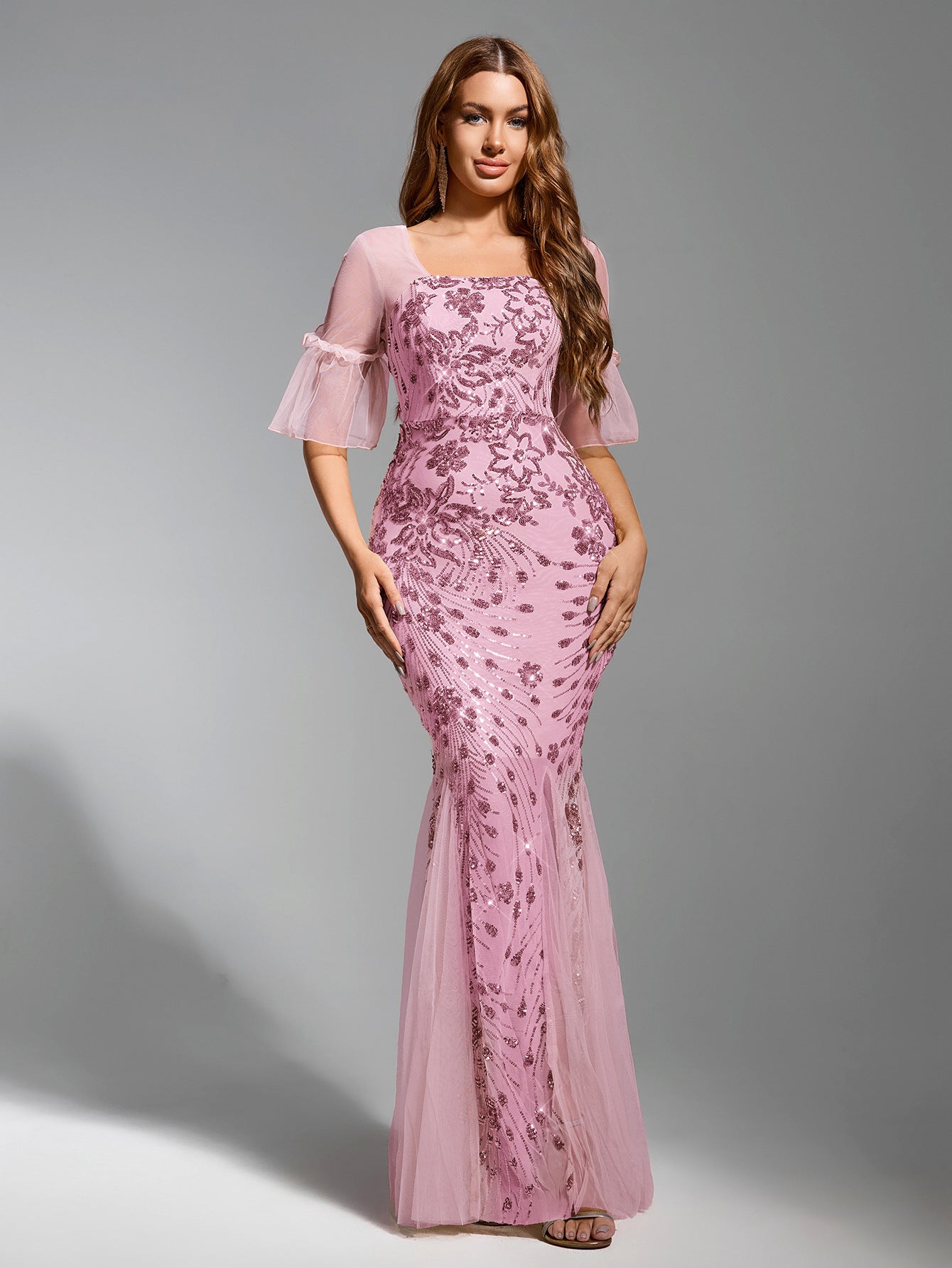 Champagne Sequin Floral Mermaid Gown
