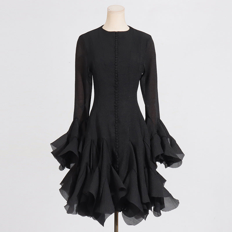 Solid Ruffle Bell Sleeve Midi Dress