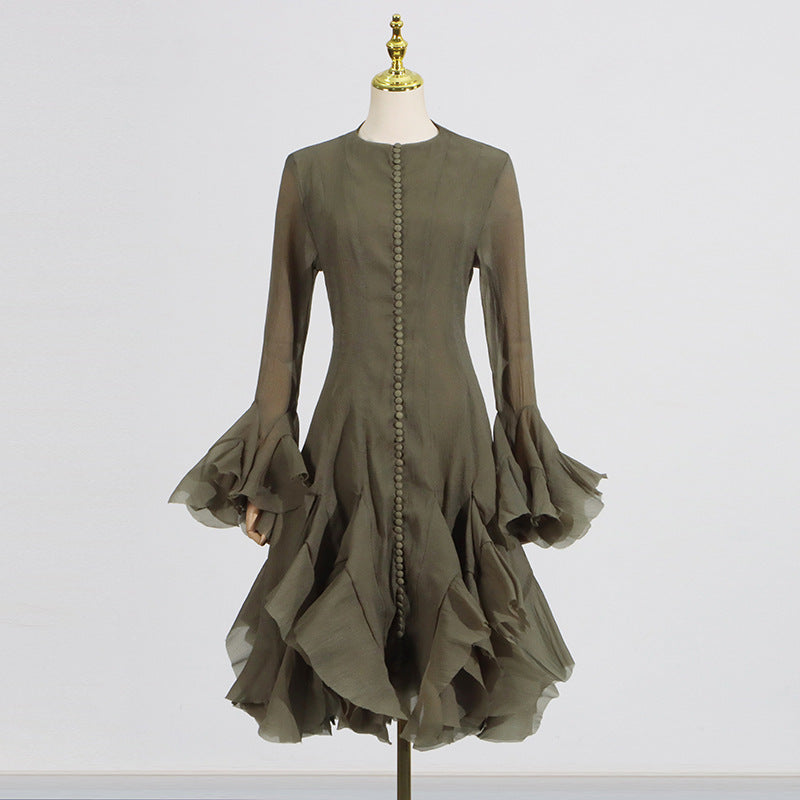 Solid Ruffle Bell Sleeve Midi Dress