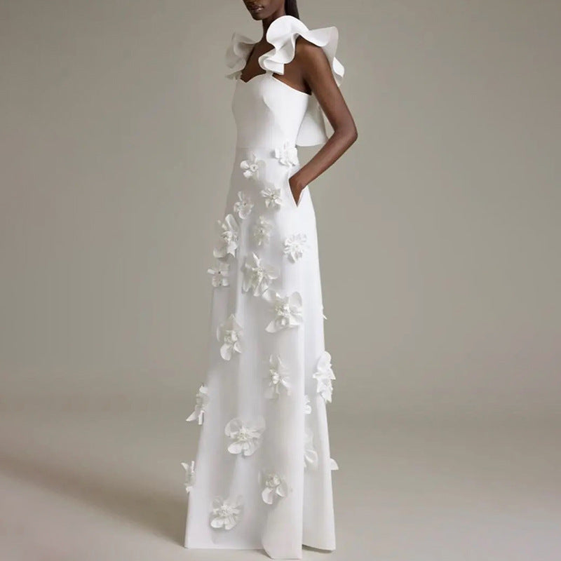 Flower Ruffle Trim Strap Midi Dress in White
