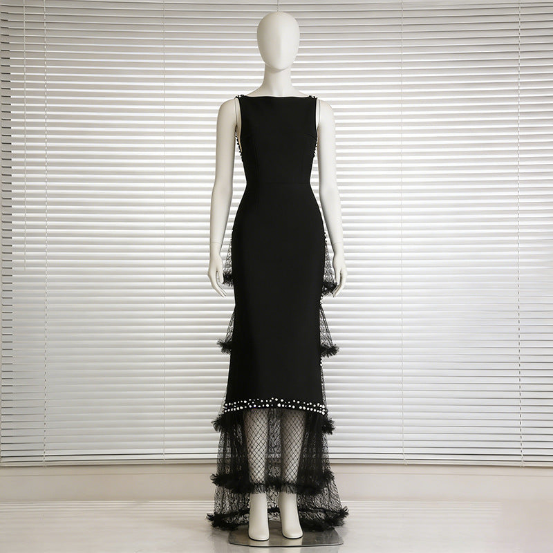 Chic Tailored Sleeveless Beaded Woven Maxi Dress