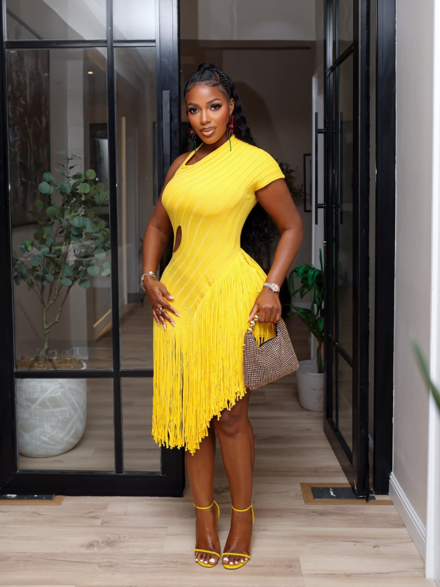 Yellow Lace-Up Fringe Midi Dress