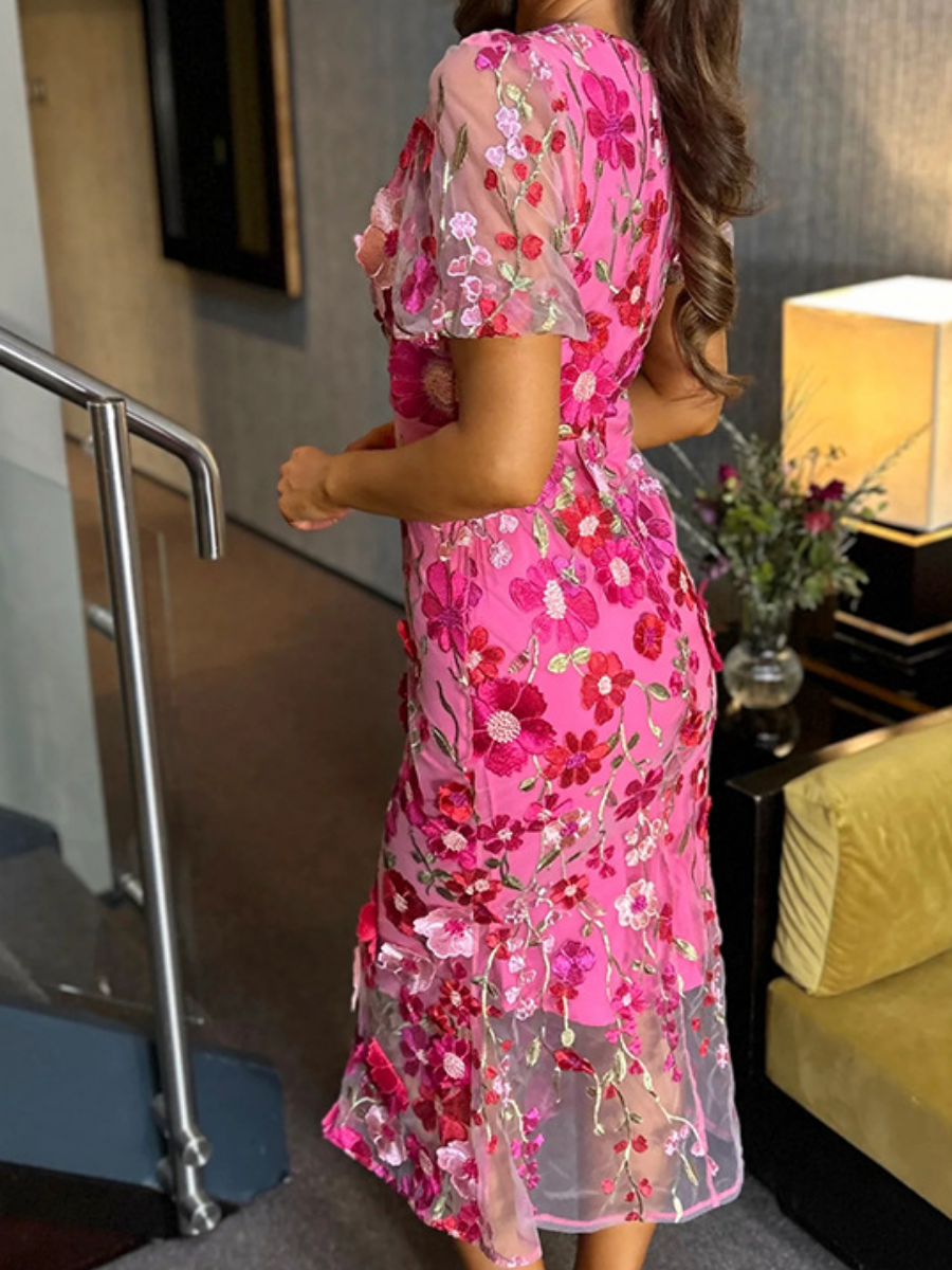 Elegant Embroidered Flower Puff Sleeve Dress