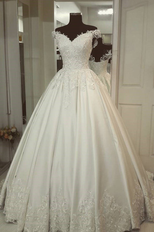 A-Line Off-the-Shoulder Ivory Wedding Gown with Appliques
