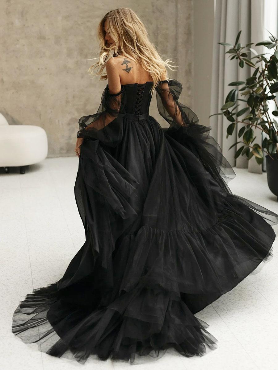Mirabella | Black Corset A-Line Long Sleeves Wedding Dresses With Off-The-Shoulder