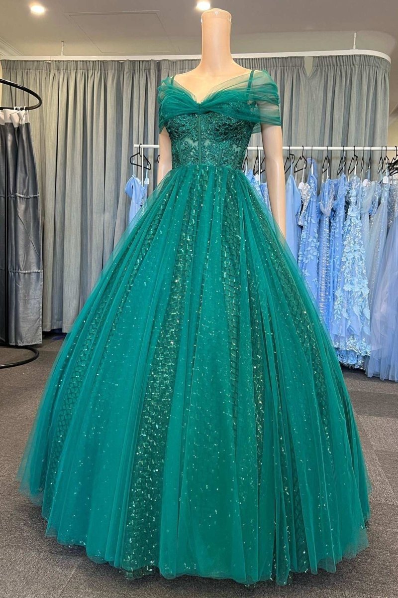 Emerald Green Tulle Cold-Shoulder Appliques Quinceanera Dress