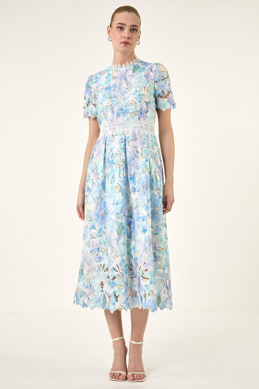 Blue Watercolour Lace Midi Dress