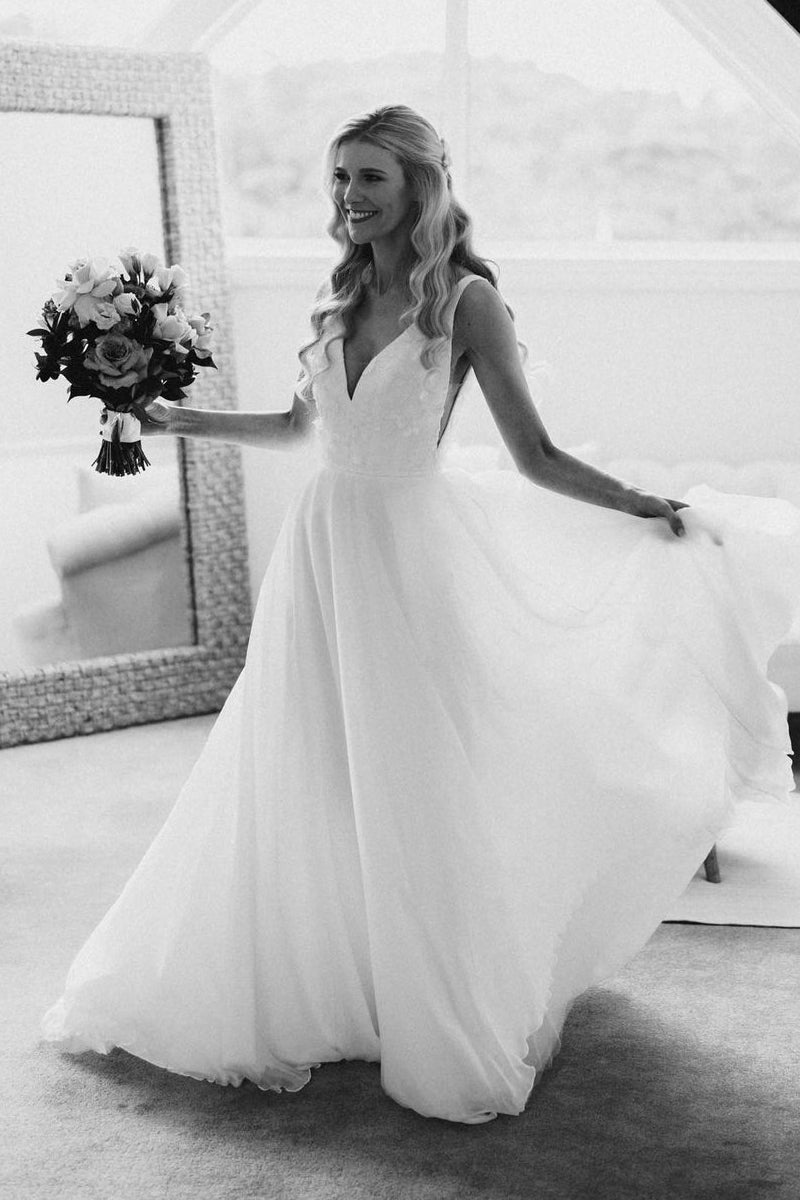 Elegant A-Line V Neck White Chiffon Wedding Dress with Appliques