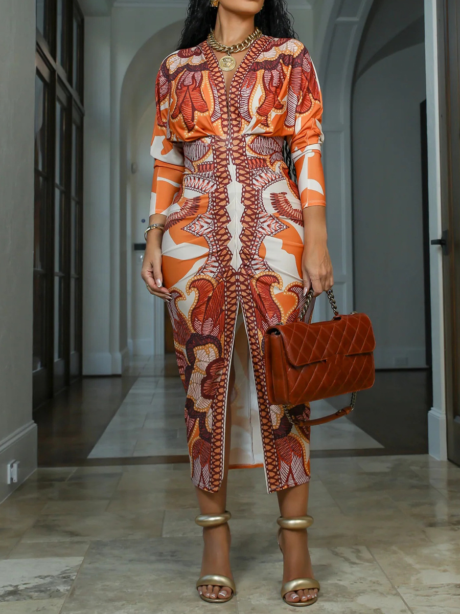 V-Neck Long Sleeve Split Dress