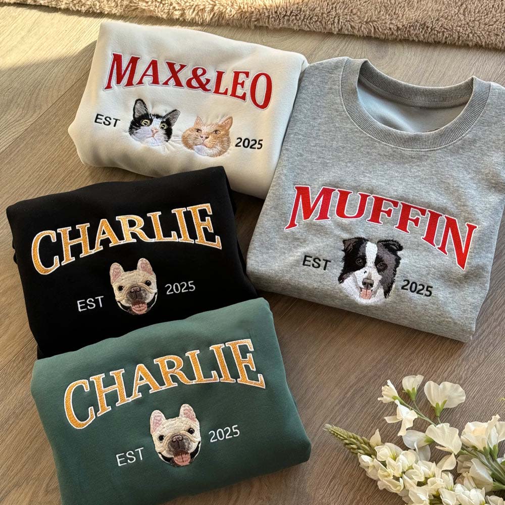 Custom pet-themed hoodies, embroidered with pet names, personalized pet portrait sweatshirts, preppy style hoodies.