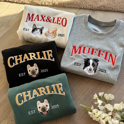 Custom pet-themed hoodies, embroidered with pet names, personalized pet portrait sweatshirts, preppy style hoodies.
