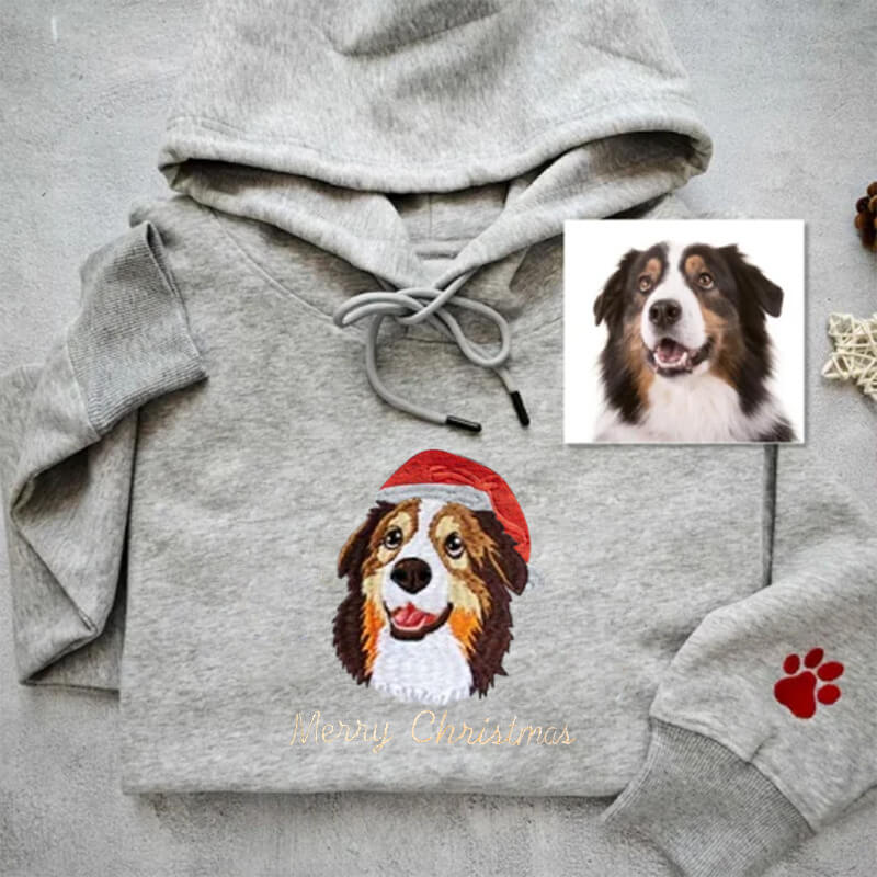 Custom pet-themed hoodies, embroidered with pet names, personalized pet portrait sweatshirts, preppy style hoodies.