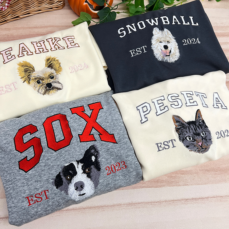 Custom pet-themed hoodies, embroidered with pet names, personalized pet portrait sweatshirts, preppy style hoodies.