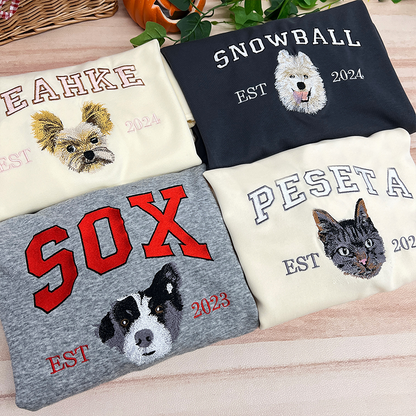 Custom pet-themed hoodies, embroidered with pet names, personalized pet portrait sweatshirts, preppy style hoodies.