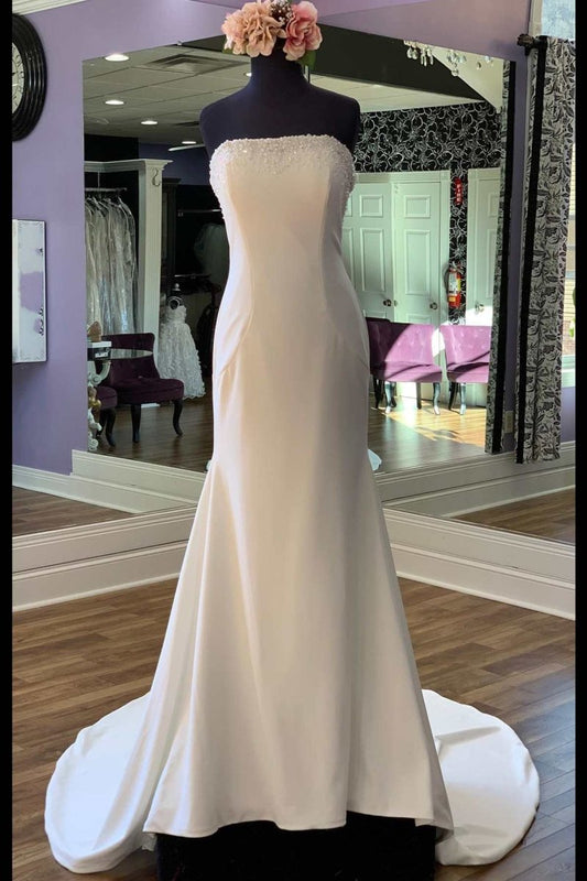 White Beaded Satin Strapless Mermaid Long Wedding Dress