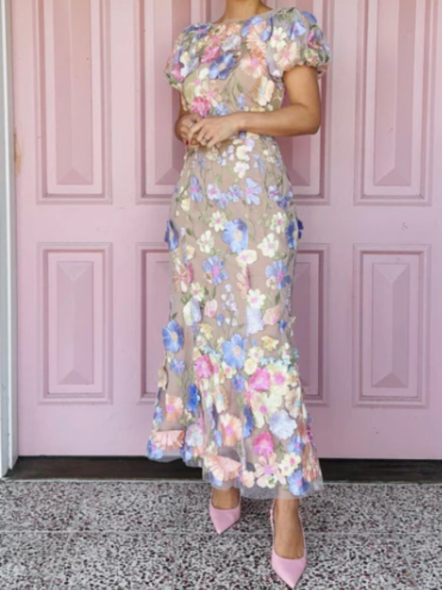 Elegant Embroidered Flower Puff Sleeve Dress