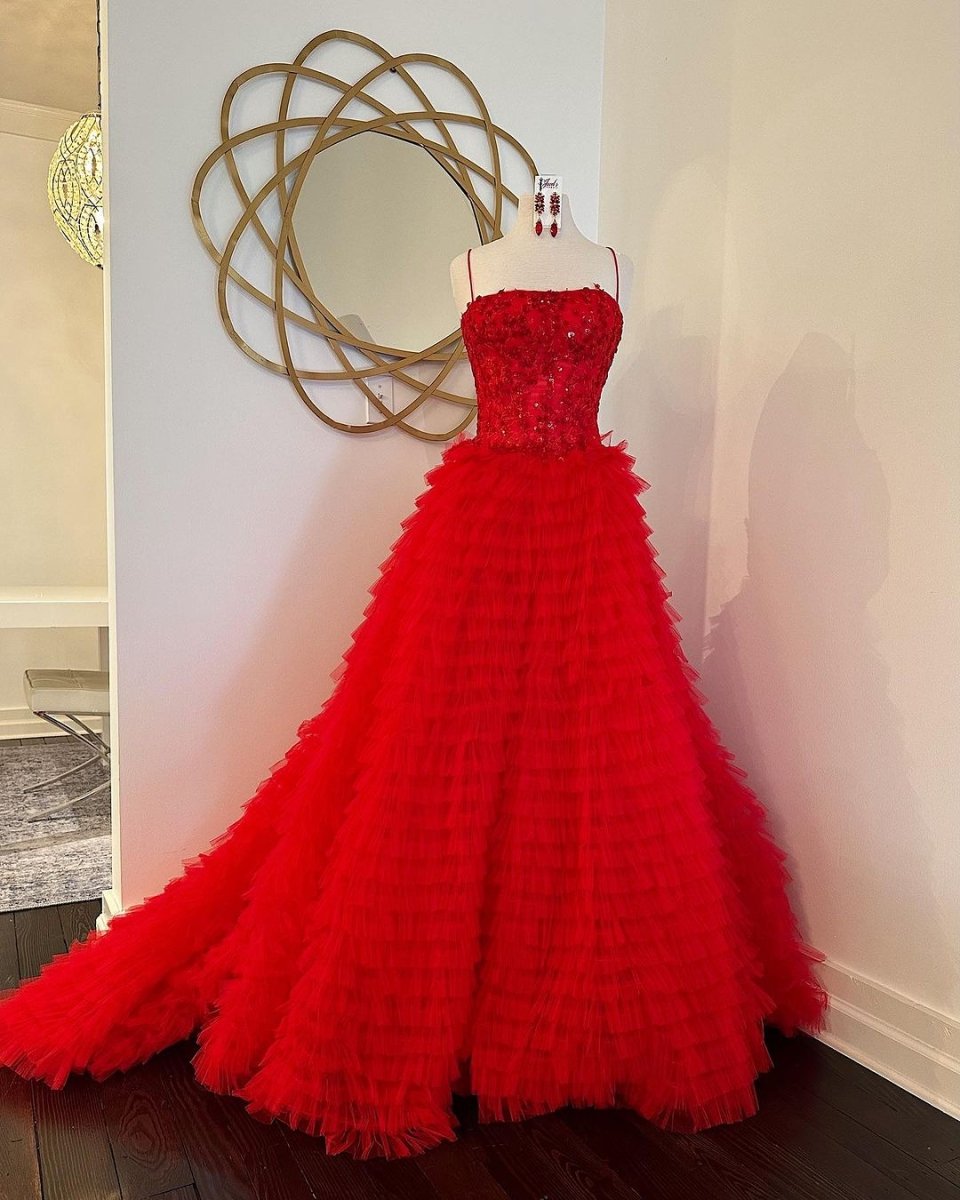 A-Line Tiered Sequins Tulle Long Prom Dress