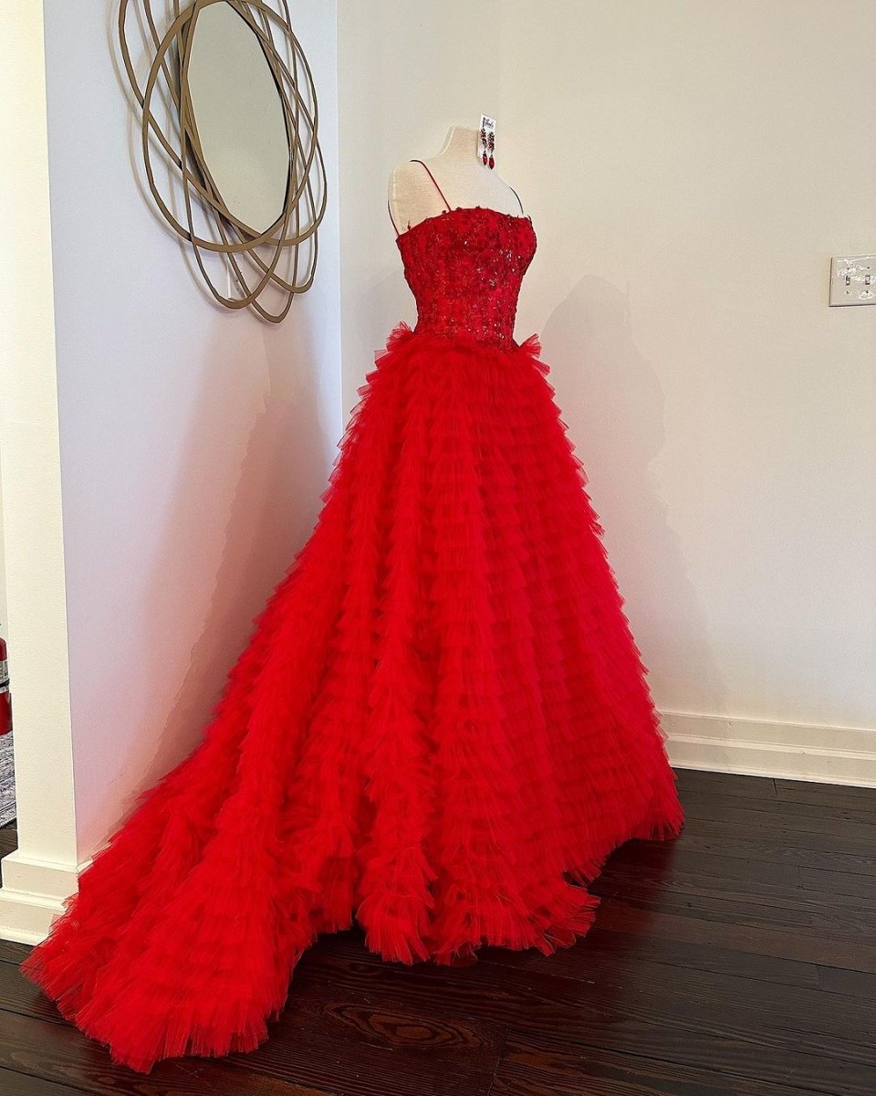 A-Line Tiered Sequins Tulle Long Prom Dress