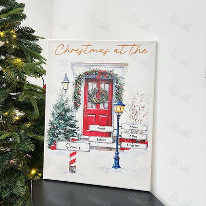 Custom Christmas Door Print Family Name Wall Art Winter Watercolor Canvas