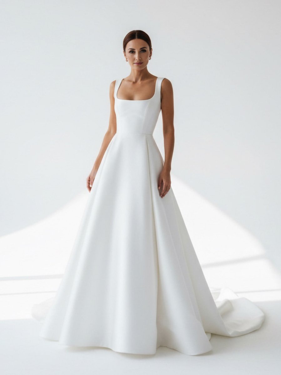 Simple A-Line Square Neck White Satin Wedding Dresses