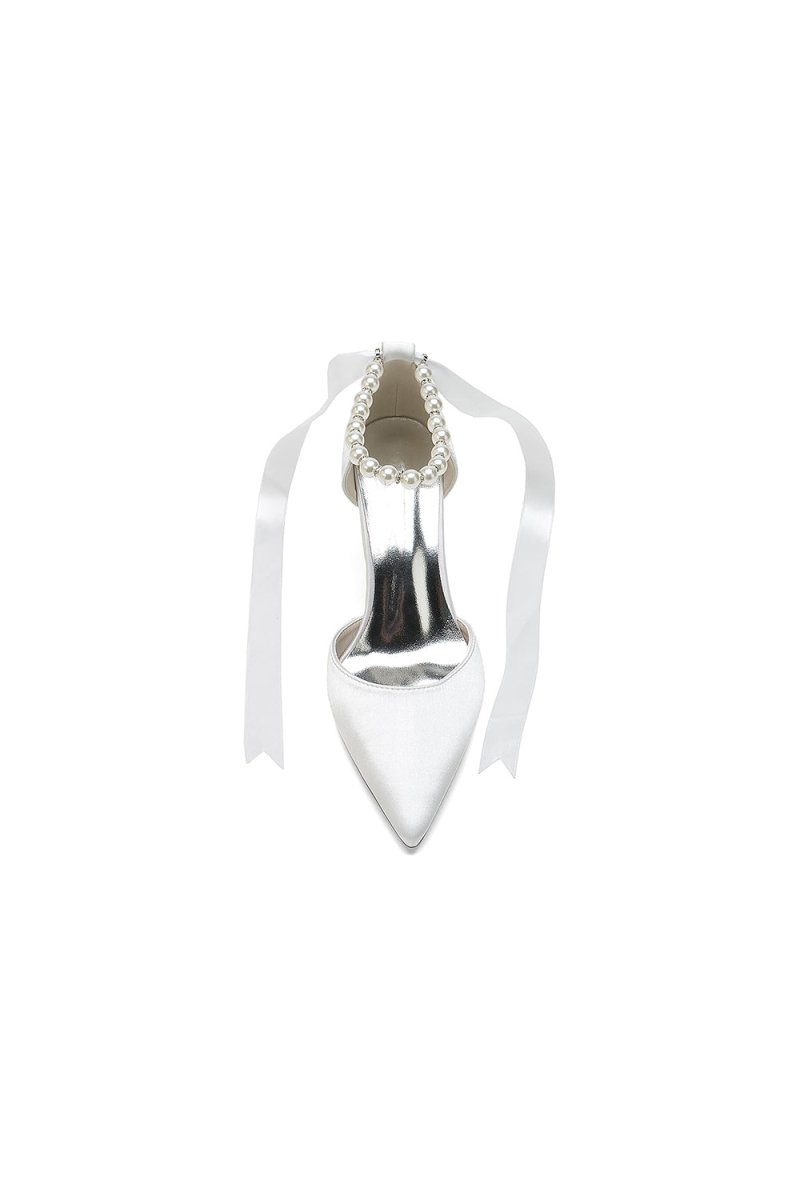Pointed Toe Pearl Strap Ribbon Tie High Heel