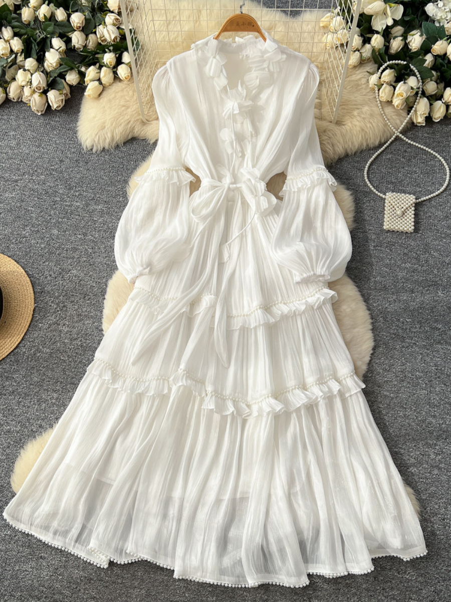 French Vintage Ruffled Pearl Embellished Long Dress