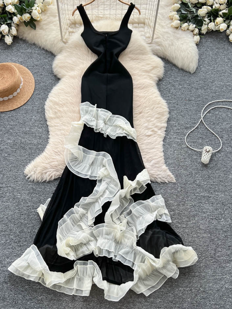 Irregular Ruffled Stitching Strap Mesh Dress