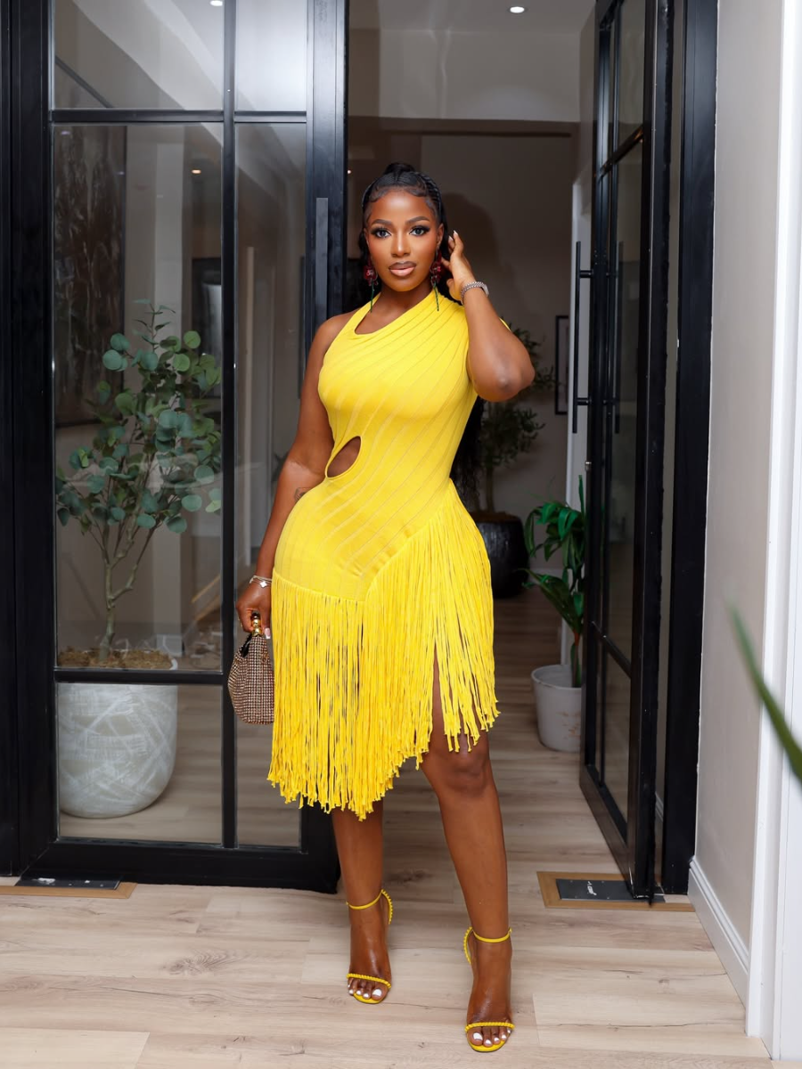 Yellow Lace-Up Fringe Midi Dress