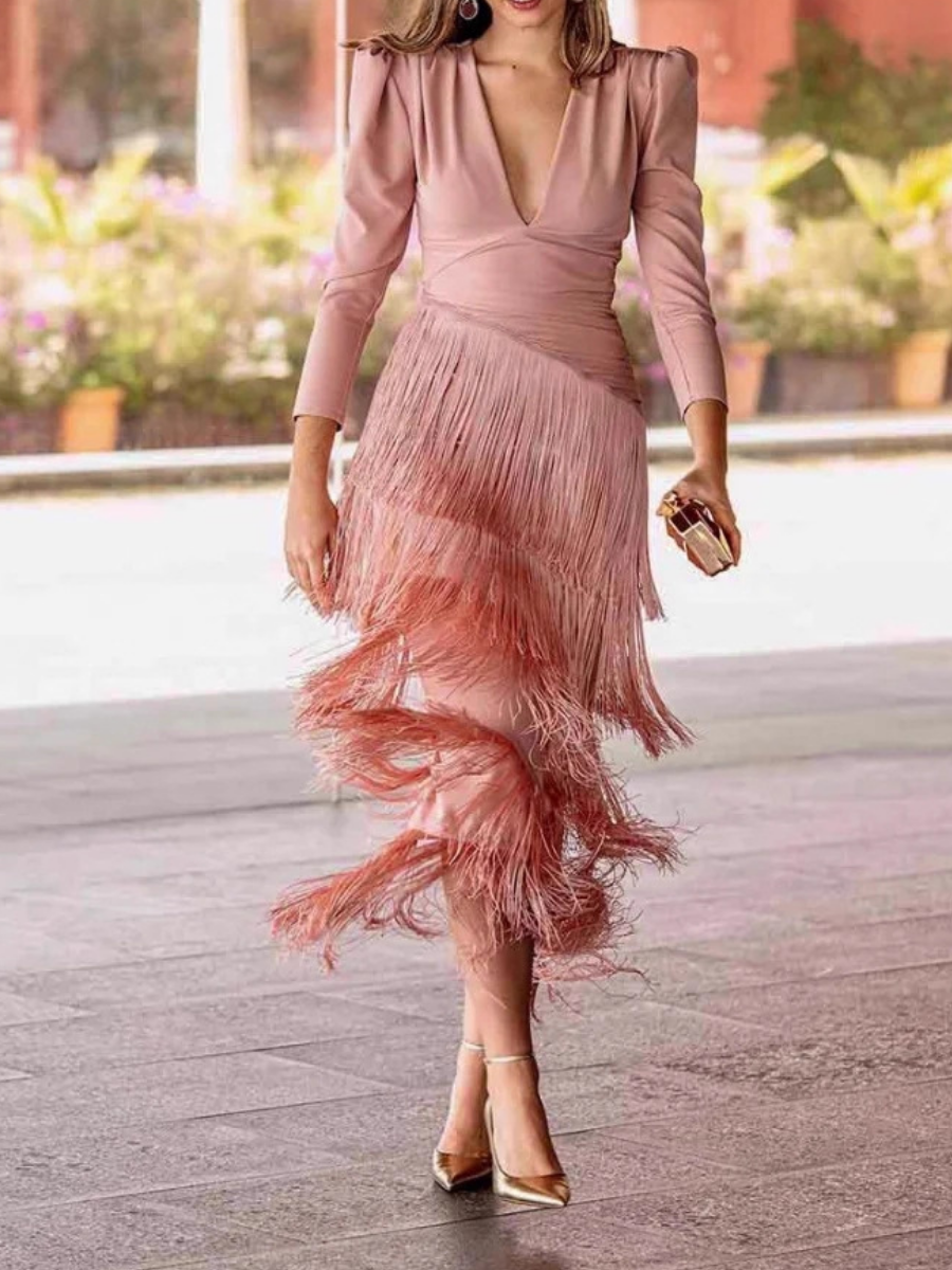 Elegant Tassel Ruched Midi Dress