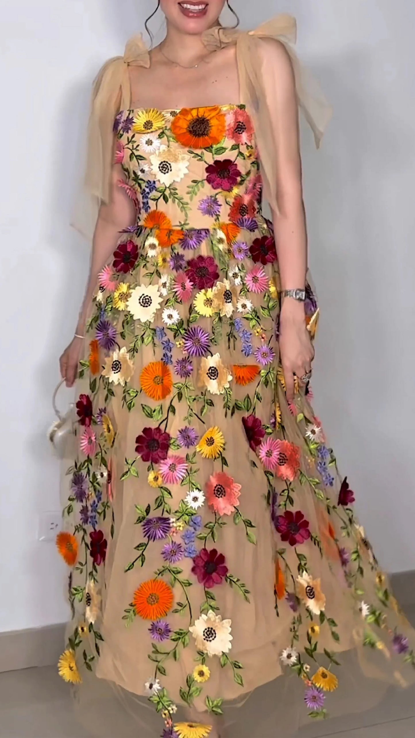 Women's Bare Toe Floral Long Dress 3D Floral Netted Long Dress