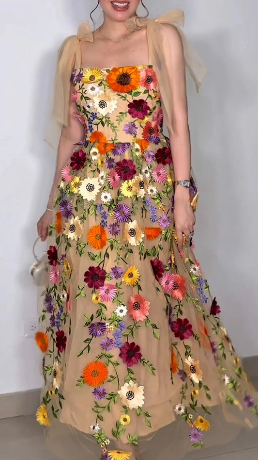 Women's Bare Toe Floral Long Dress 3D Floral Netted Long Dress