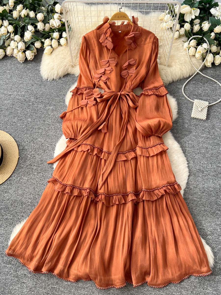 French Vintage Ruffled Pearl Embellished Long Dress