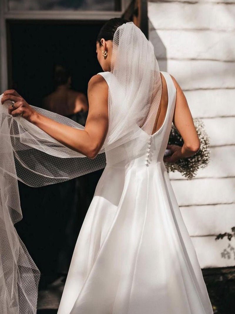 Simple A-Line Square Neck White Satin Wedding Dresses