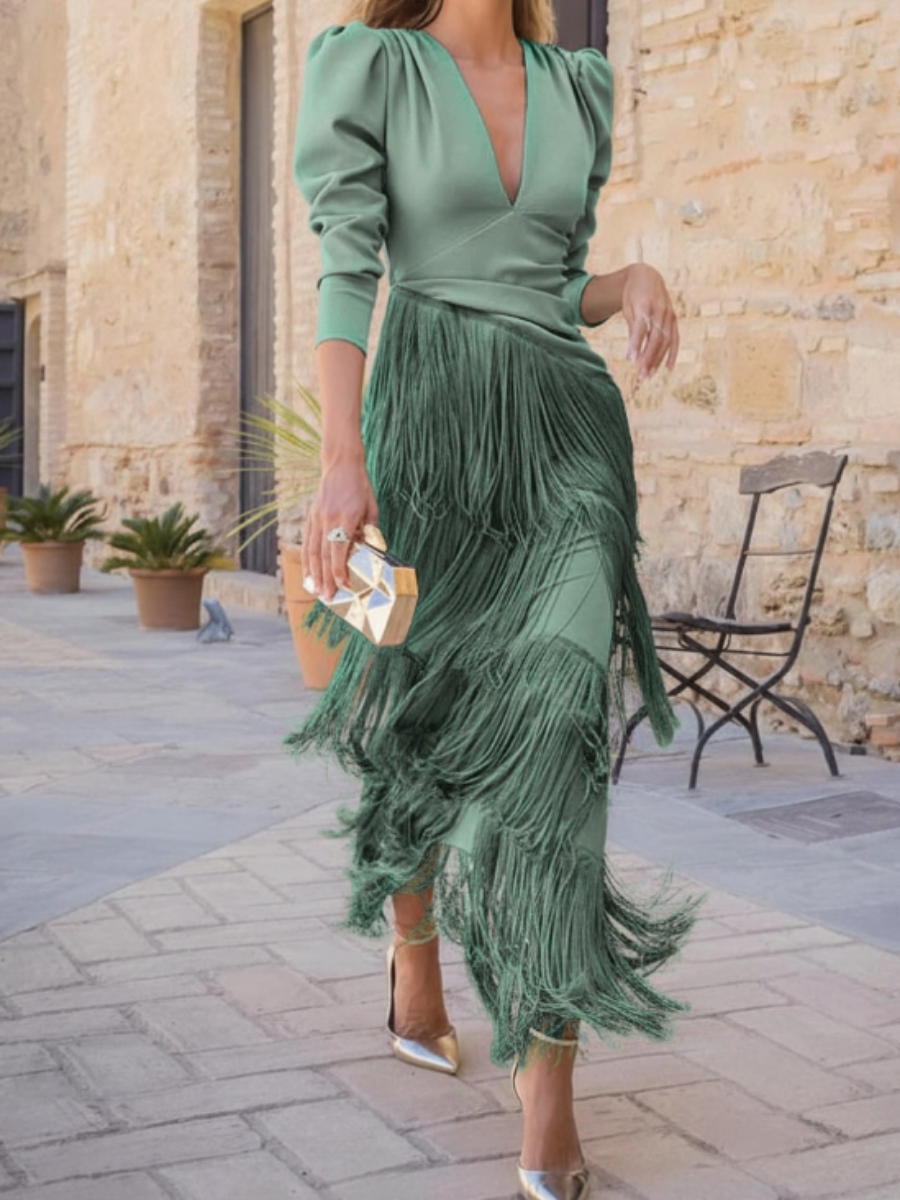 Elegant Tassel Ruched Midi Dress