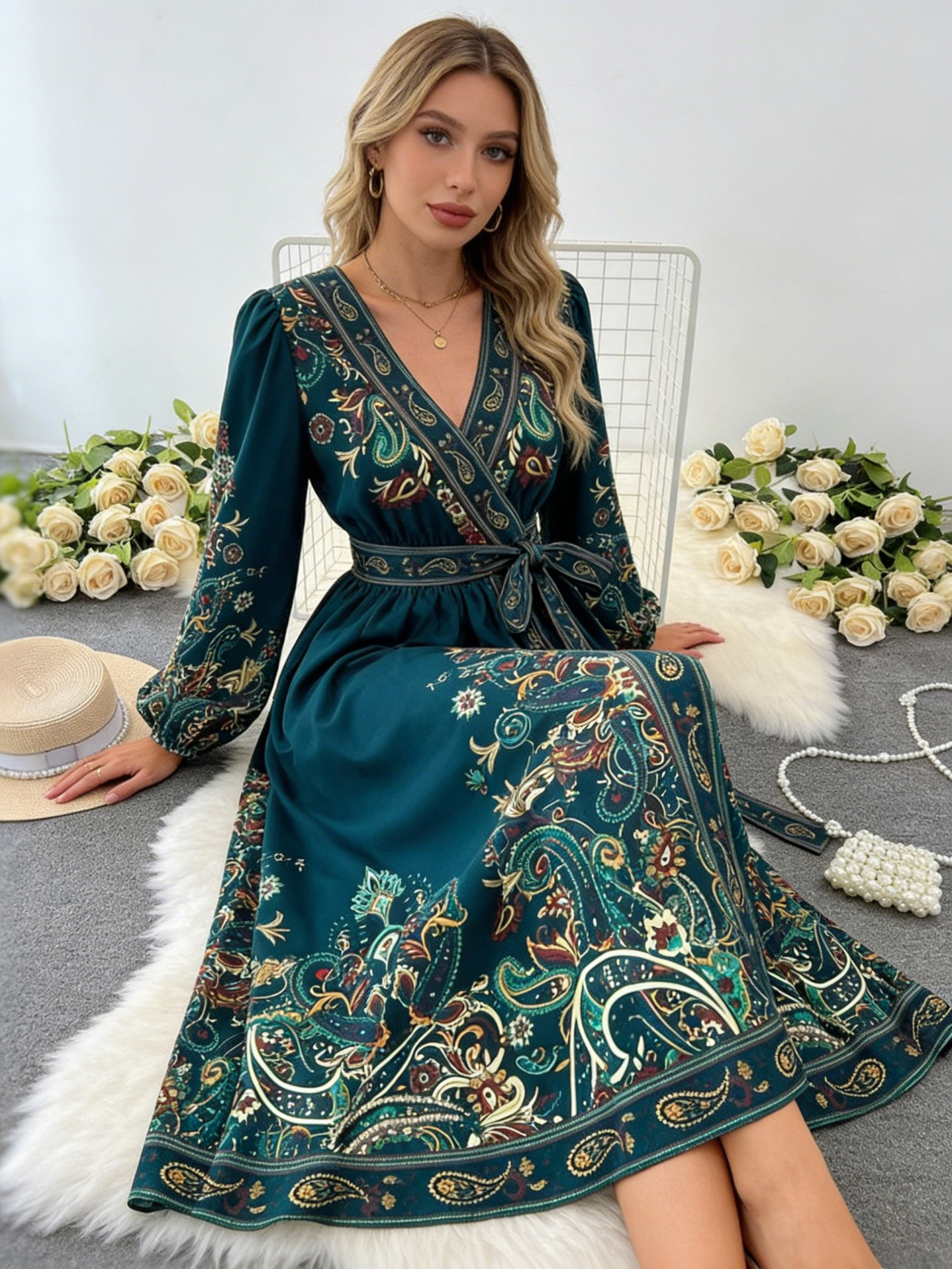 Vintage Court Style Puff Long Sleeve V-Neck Tie Waist A-Line Print Dress