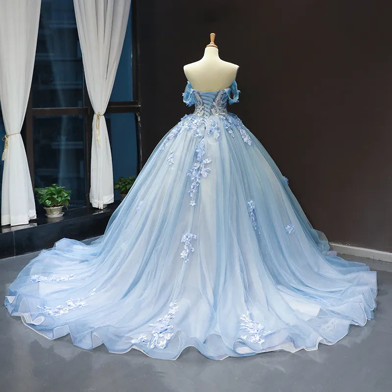 A-Line Lace Formal Gown off Shoulder Blue Bridal Wedding Dress
