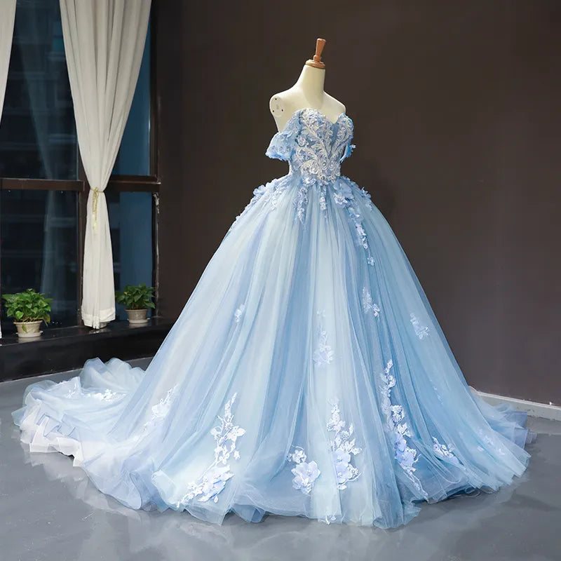 A-Line Lace Formal Gown off Shoulder Blue Bridal Wedding Dress