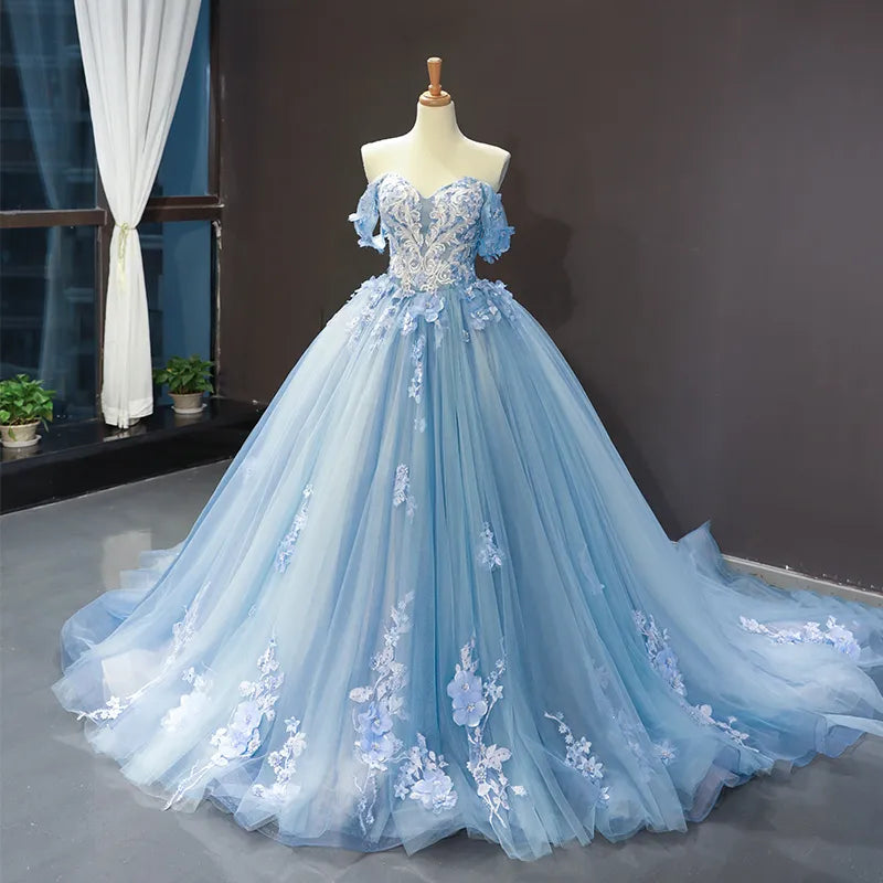 A-Line Lace Formal Gown off Shoulder Blue Bridal Wedding Dress